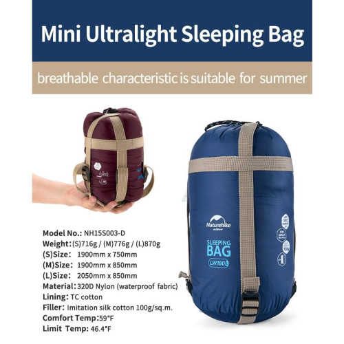 Спальный мешок Nature Hike MINI ULTRA LIGHT 190x75см, вес 0,7кг, 8-15? синий купить по оптовой цене с доставкой в магазине Ellada.com.ua