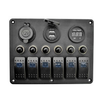 Панель на 6 переключателей автомат 155х115мм + прикуриватель, двойной USB порт, вольтметр HF60-106BU