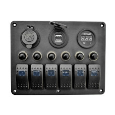 Панель на 6 переключателей автомат 155х115мм + прикуриватель, двойной USB порт, вольтметр HF60-106BU